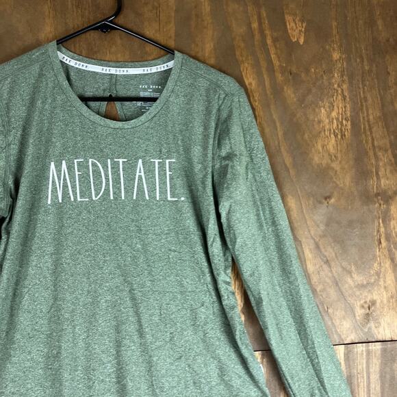 Rae Dunn Womens Shirt Green Meditate Eyelet Back Crew Neck Stretch Large - Picture 5 of 11